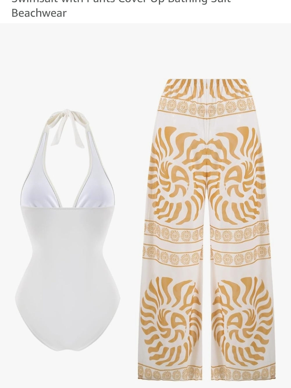 White Halter One-Piece Swimsuit with White & Tan Wide-Leg Printed Pants - Picture 4 of 9